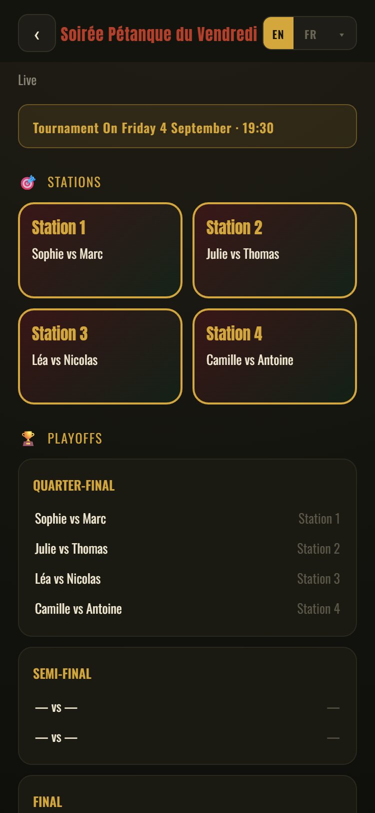 Vue en direct du tournoi pour les spectateurs
