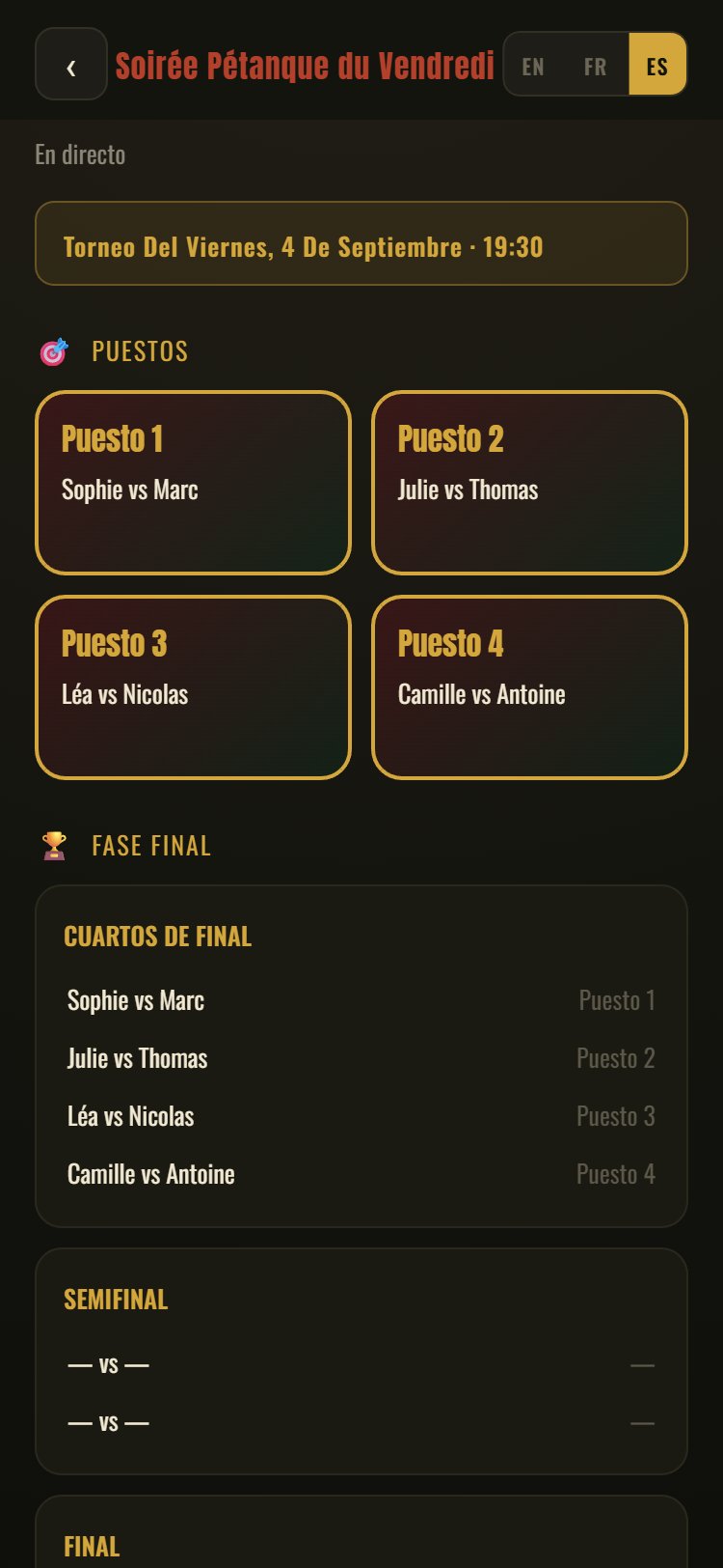 Vue en direct du tournoi pour les spectateurs